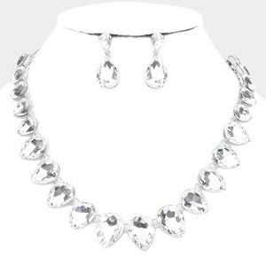Silver Teardrop Crystal Necklace Set Fashion Statement Evening Jewelry Accessory